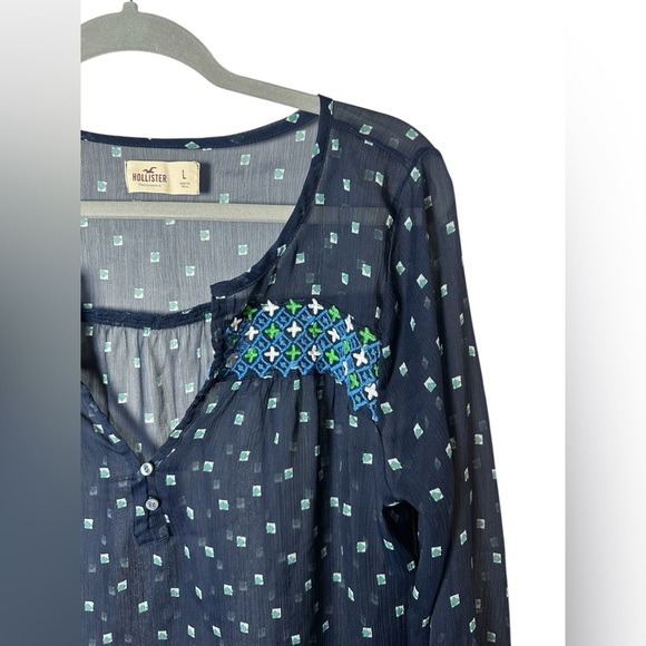 Hollister Navy Blue Embroidered Sheer Blouse - Size Large - Picture 2 of 4